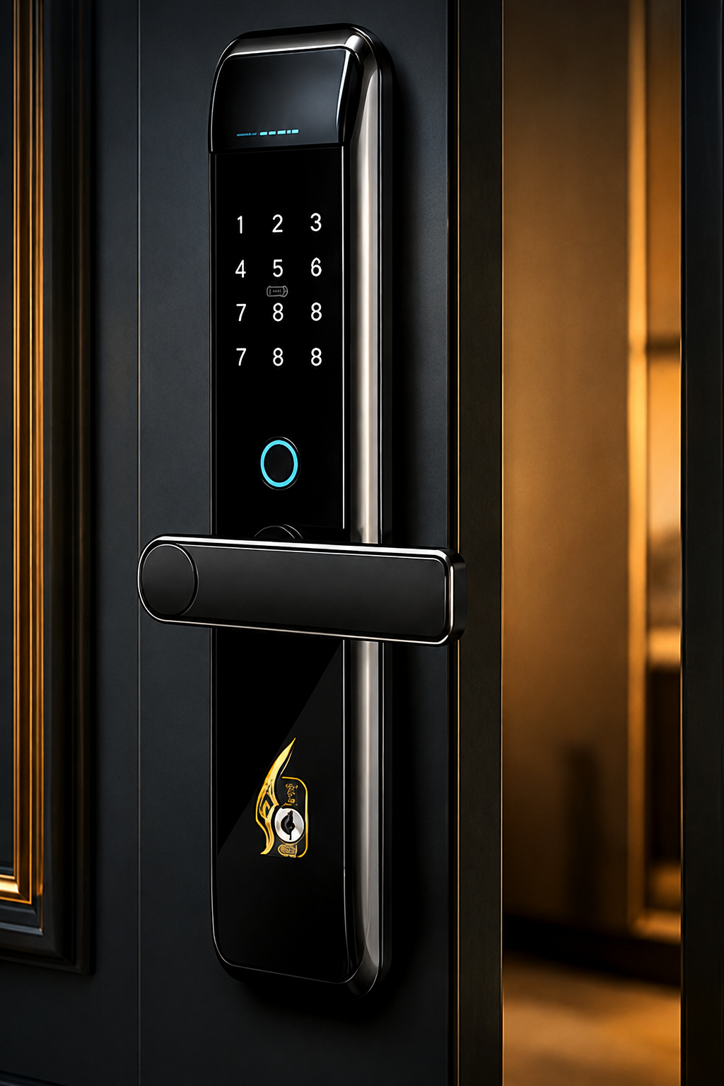 Preview smart lock pada pintu premium hitam dan gold